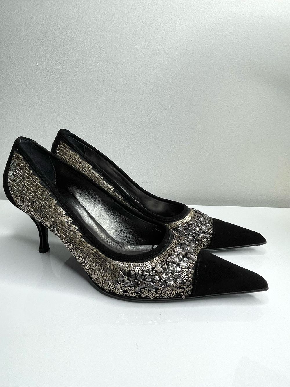 Vintage Donald J. Pliner Black Pointed-Toe Pumps with Champagne Sequin Detail